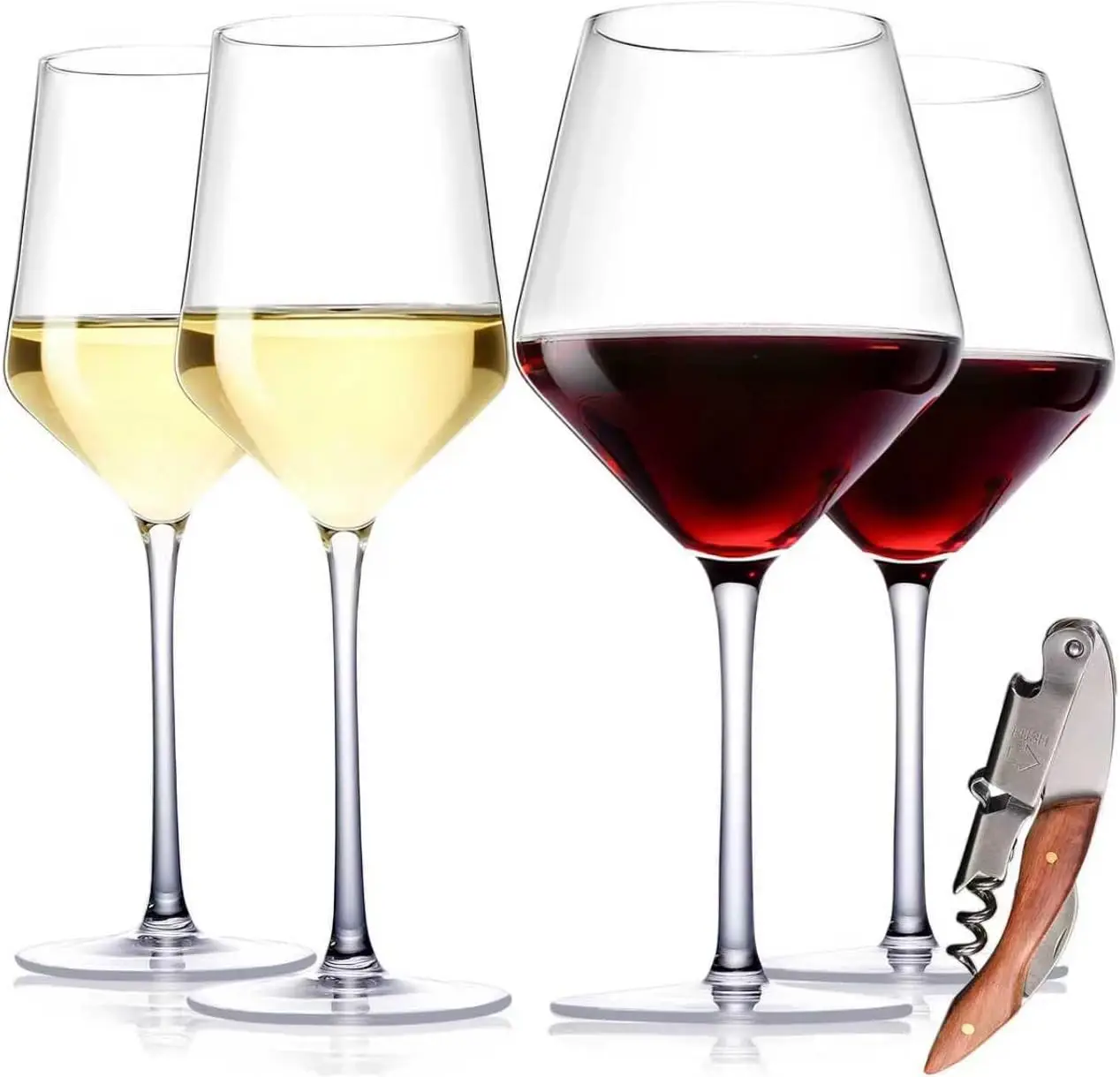 

Набор из 4 бокалов для вина – 2 для красного вина (23 унции) и 2 для белого вина (14 унций), хрустальные бокалы ручной работы с штопором, идеально подходят для чаепития.