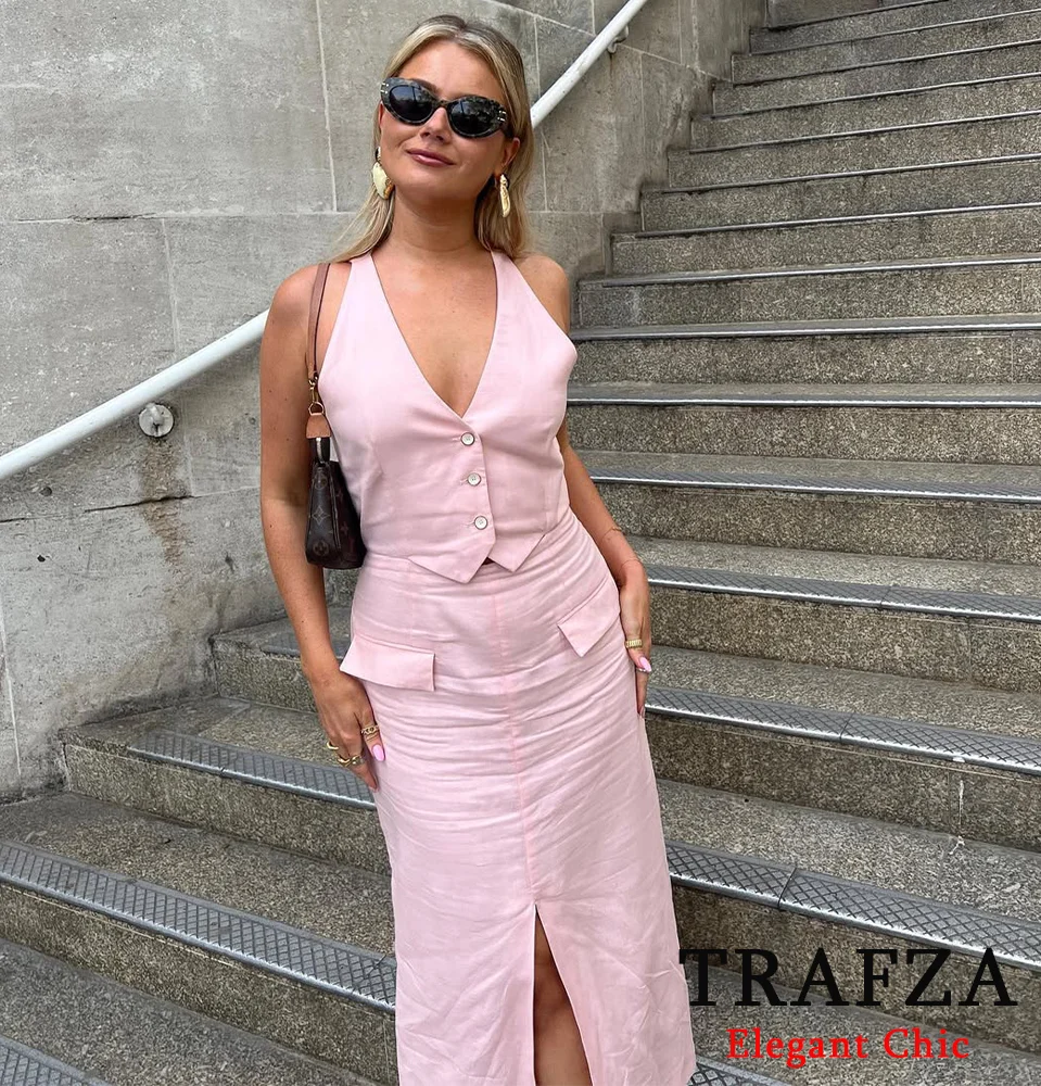 

TRAFZA Women Sweet Pink Vest Dress Buttons Sleeveless Midi Dress New 2025 Fashion Spring Summer Elegant Romantic Long Dress