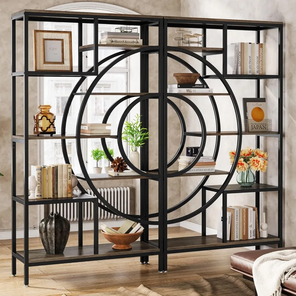 

71 in Geometric Bookcase Set, Industrial 8-Tiers Bookshelves, Tall Etagere Bookcase with Metal Frame, Freestanding Op