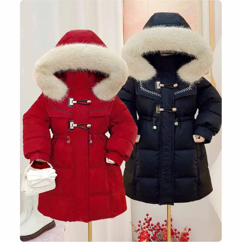 Jaqueta monocromática feminina com capuz, casacos para baixo infantil, casaco acolchoado infantil, roupa longa, parkas impermeáveis, inverno, 2024