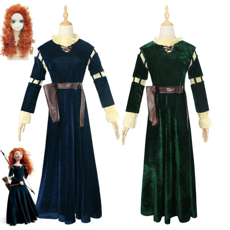 Anime Brave Girl Merida Princess Cosplay Costume Wig Woman Uniform Blue Green Corduroy Dress Shirt Accessories Suit Halloween