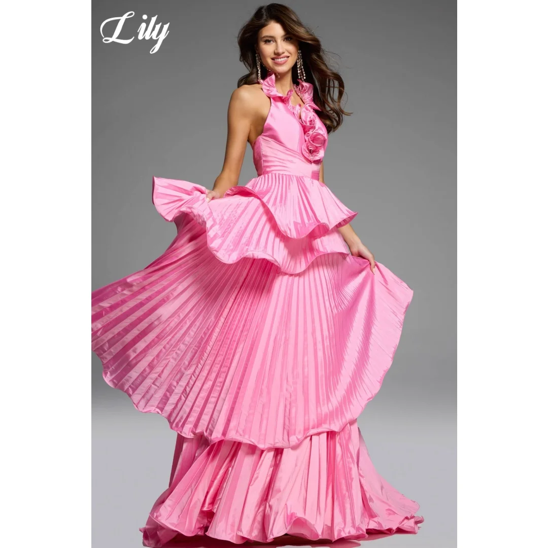 

Lily Pink Halter Neck Evening Dress 3D Floral Prom Dress With Tiered Pleated Ruffle A-Line Formal Party Gown Colors Customized