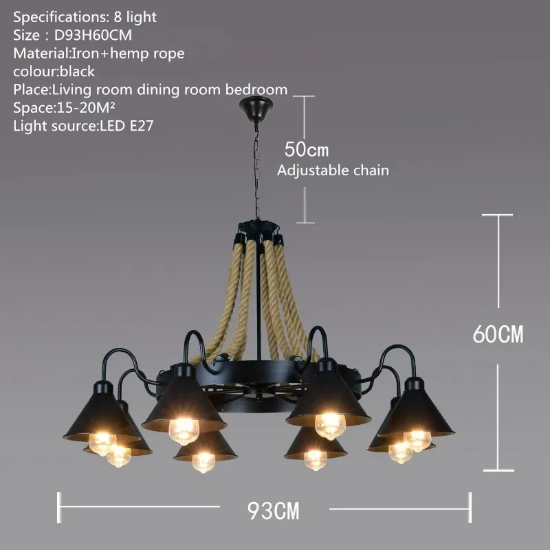 OUFULA Classical Chandelier Retro Fixtures Loft Design LED Creative Industrial Rope Pendant Lamp for Home Bedroom Hotel