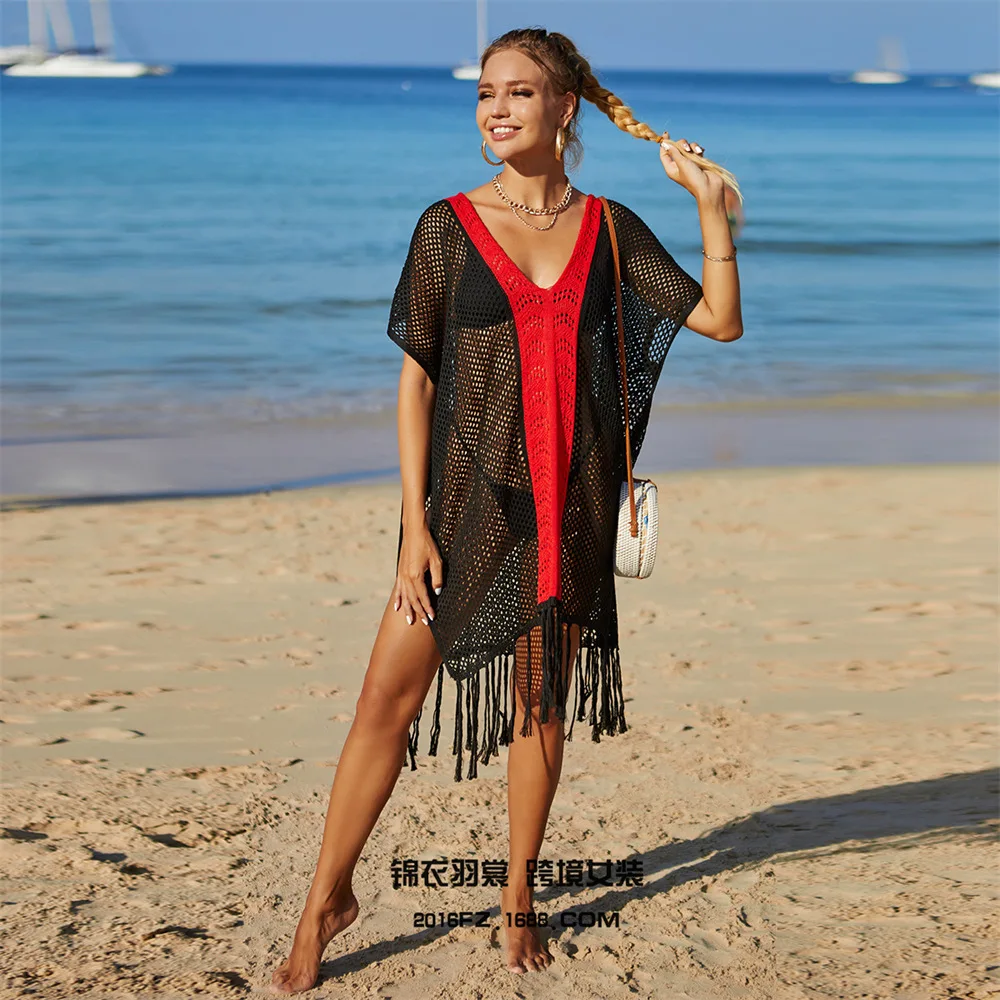 2023 Summer New Beach Blouse Hollowed-out Knitted Fringe Holiday Bikini Blouse Female