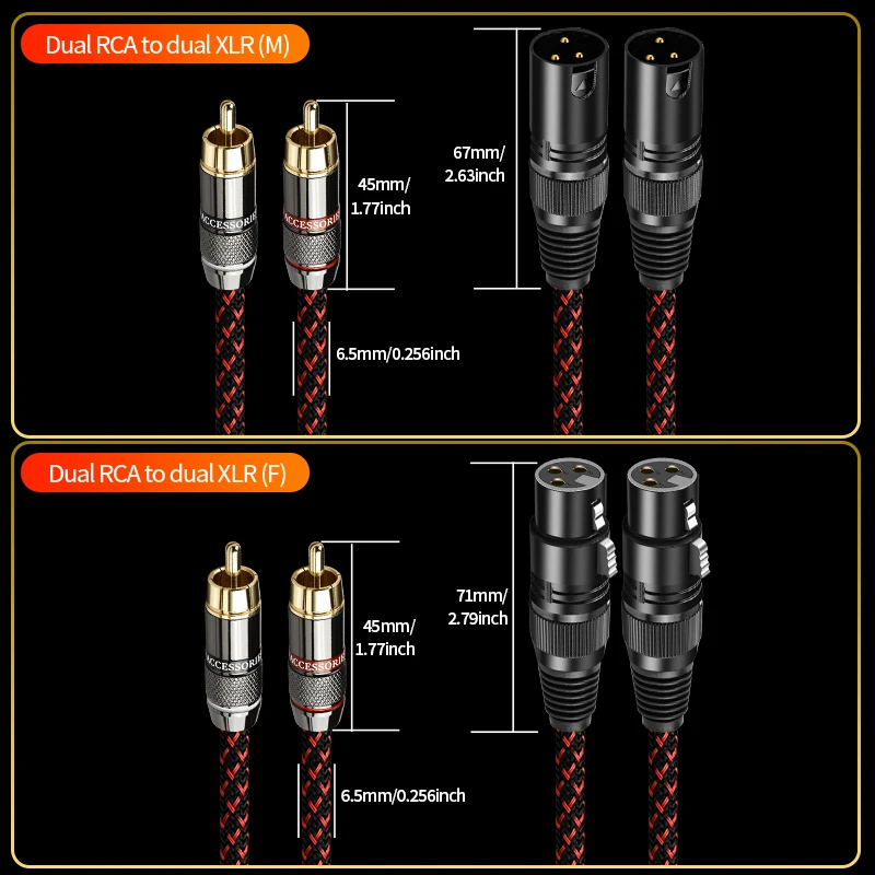 YYAUDIO 1 Pair High End HIFI Audio Cable 2RCA to 2XLR Male Gold Plated Plug CD Amplifier 6NOFC Stereo Cable