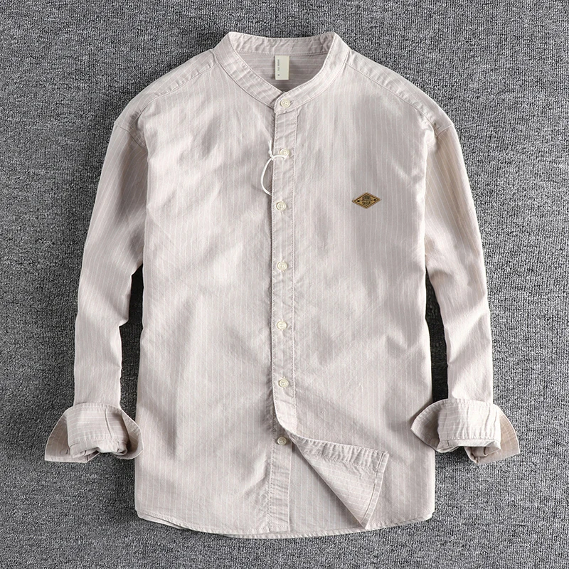 

Spring Autumn New American Retro Long-Sleeve Stand Collar Striped Shirt Men's Fashion Simple 100% Cotton Washed Casual Blouses