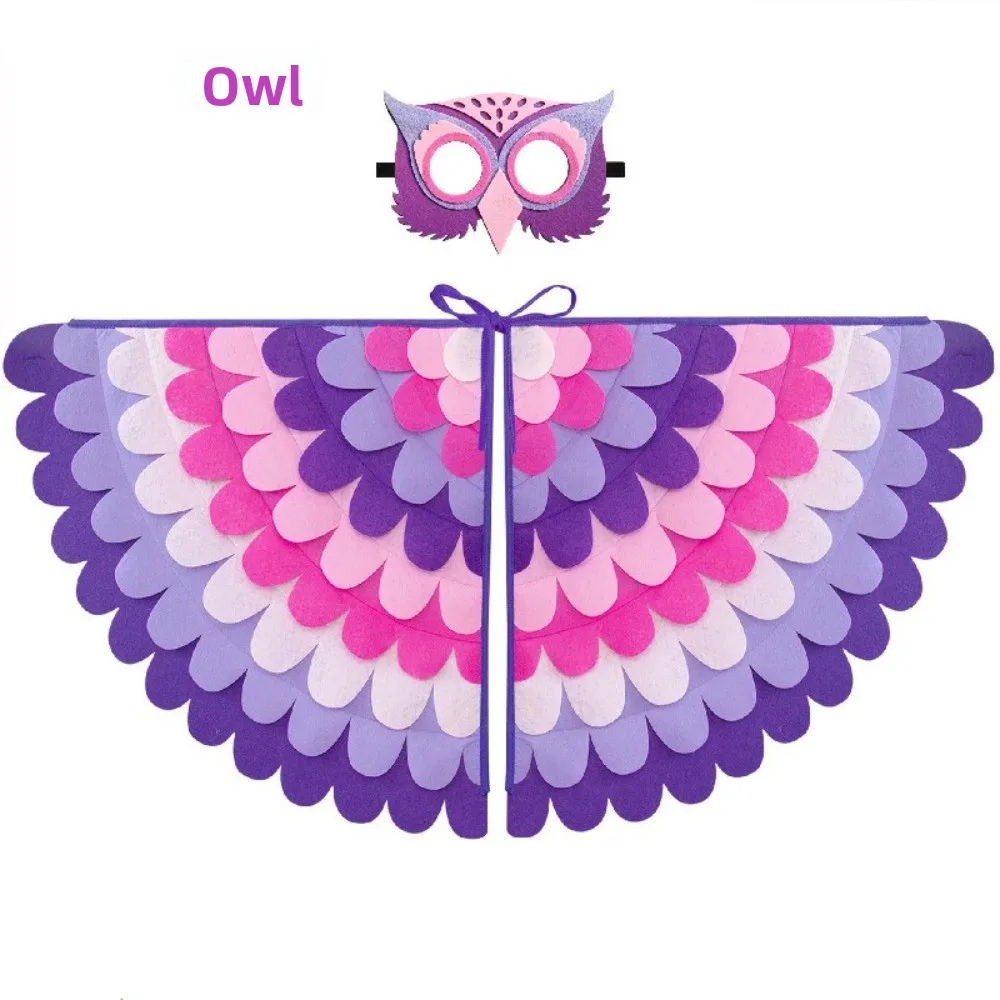 Capa de Halloween de tela de fieltro creativa con máscara, bata de búho, disfraz de Halloween para niños, capa con alas de pájaro, conjunto de máscara, disfraz de baile