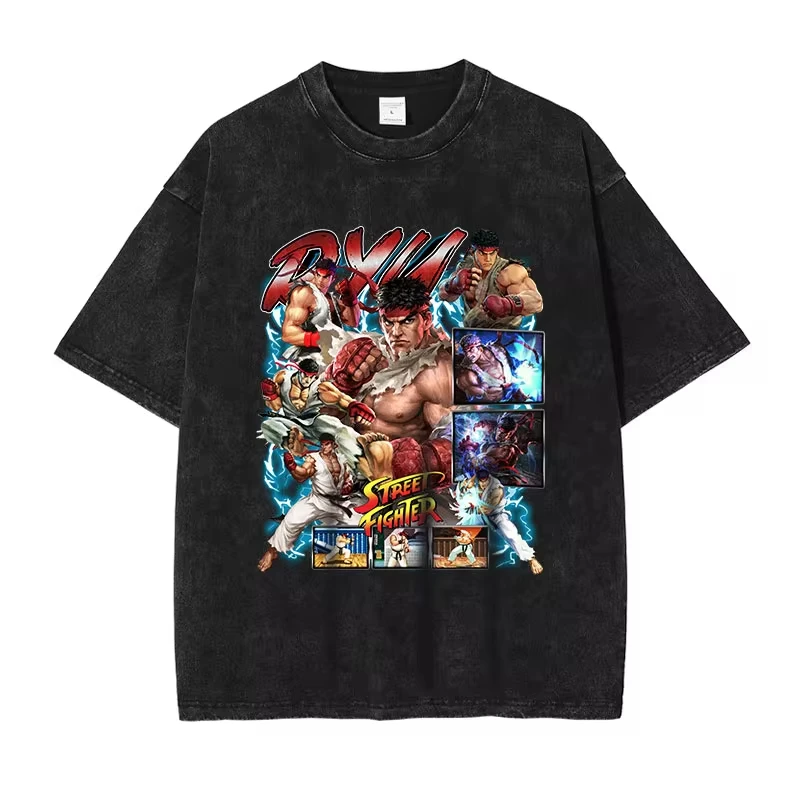 Street Fighter Ken Ryu Guile T Shirt Pc Fighting Games Vintage Washed Tops Tees Hip Hop Short Sleeve Oversized T-shirt Cotton