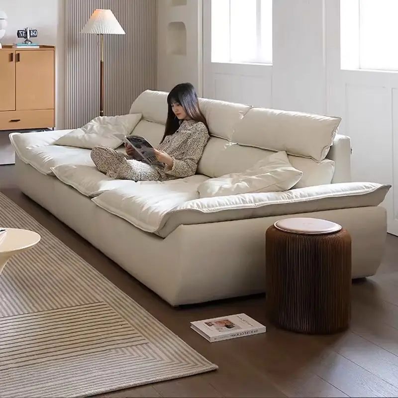 

Living room straight row small apartment cream Italian simple cat paw flannel cowhide high by large sitting deep sofa