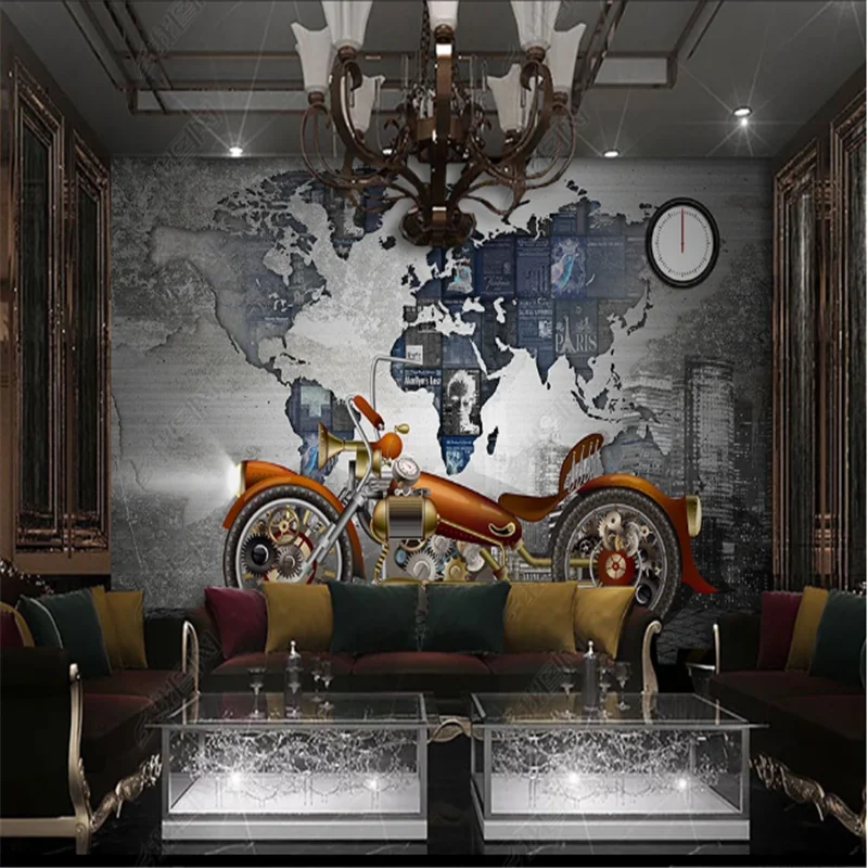 

World Map Retro Motorcycle Bar Restaurant Wallpapers Industrial Decoration Tooling Background Wall Paper Mural papel de parede