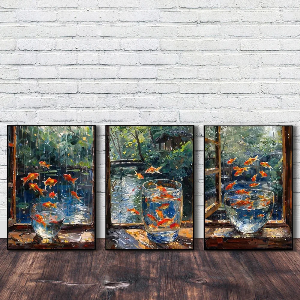 Goldfish Dancing in the Rain on the Windowsill Abstract Poster Prints For Living Room Bedroom Fantasy Wall Art Canvas Paintin