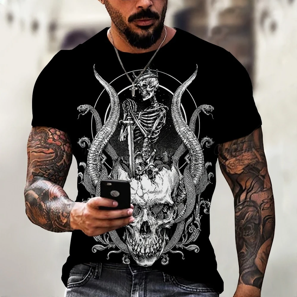

Halloween Men's T-Shirt Cool Skull 3D Print Retro Round Neck Short-Sleeved Loose Tees Fashion Street Comfortable Men's Clothing