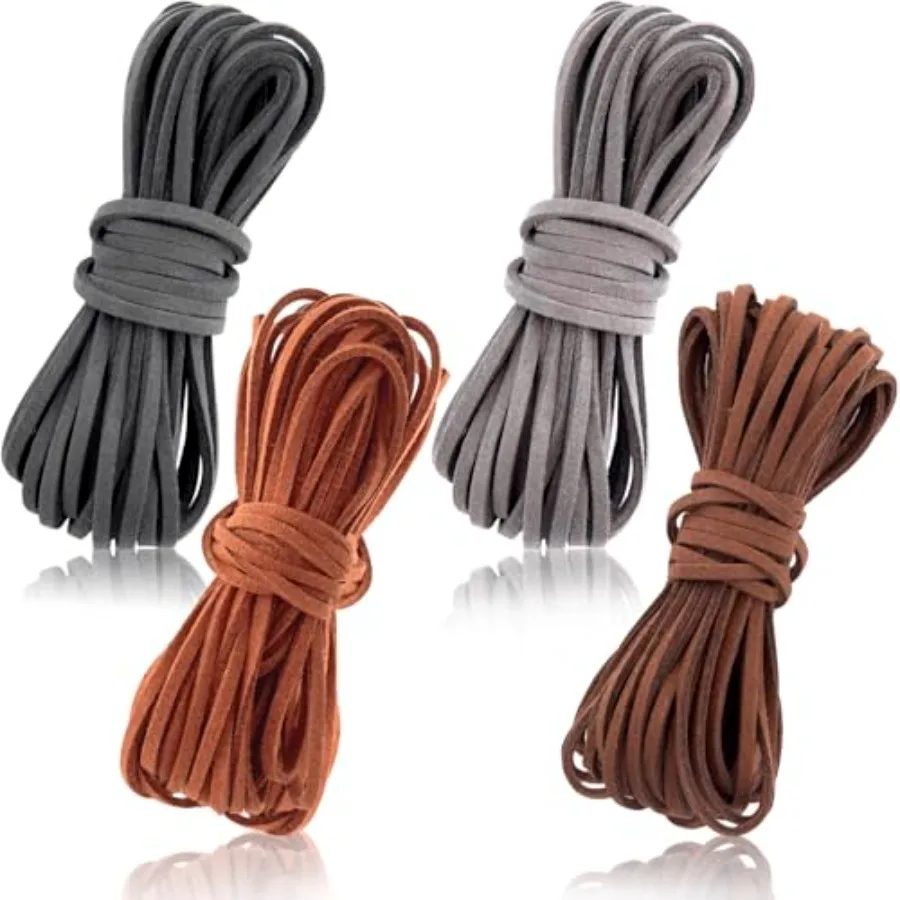 4pcs Suede Leather Cord, 3mm x 5.5 Yard Faux Leather String Strips, Flat Leather Crafting Rope Thread for DIY Shoes Laces Brace