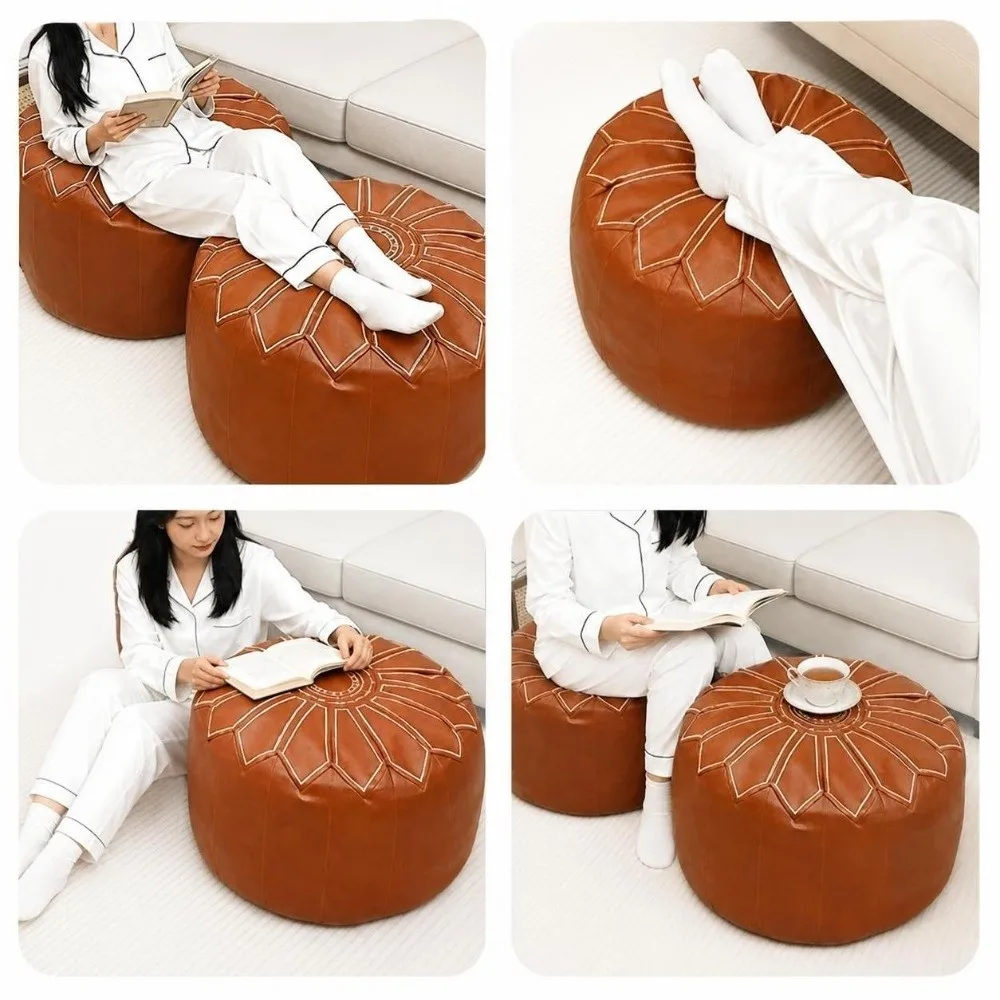 New PU Leather Fillable Ottoman Pouf Embroidered Pattern Round Shape Round Pouf Cover Moroccan Style Storage Ottoman Home Use