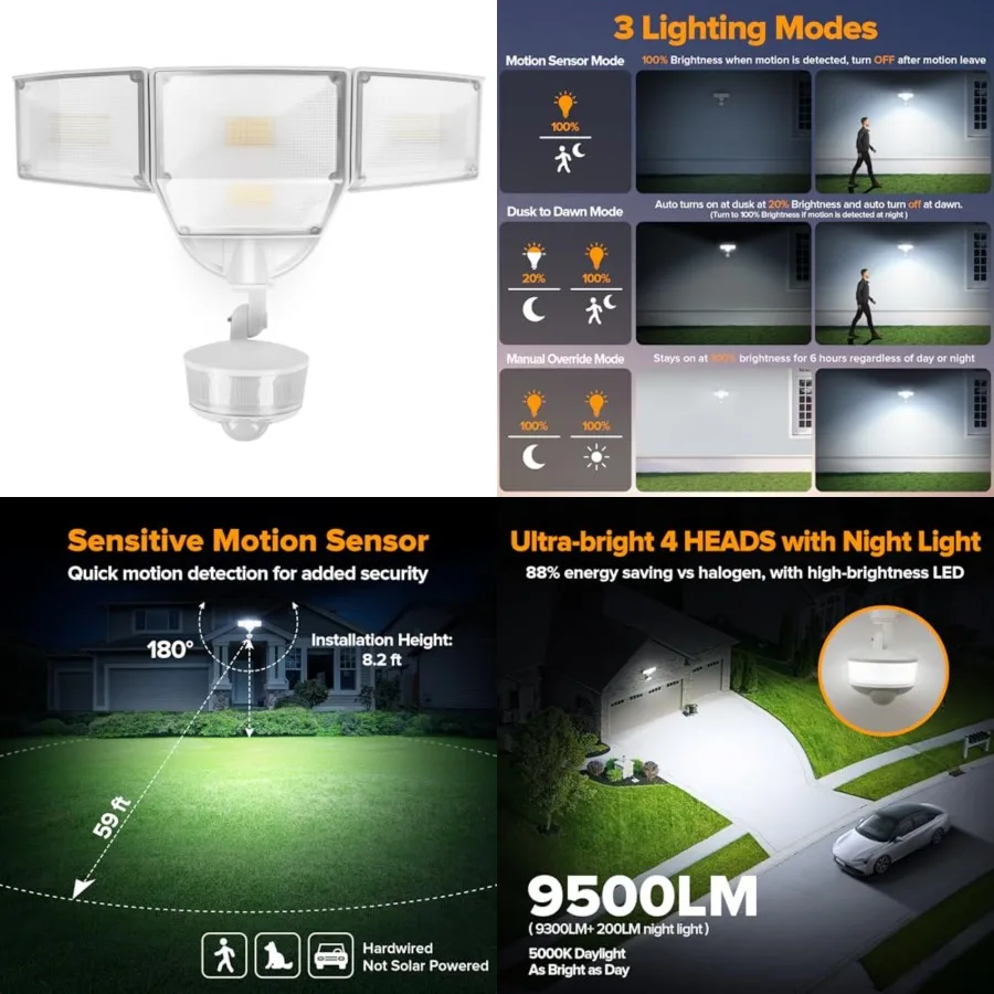 84W 9500LM LED Security Light Motion Sensor Outdoor Lights with Night Light, 4 Head LED Flood Lights 5000K Daylight, IP65 Water