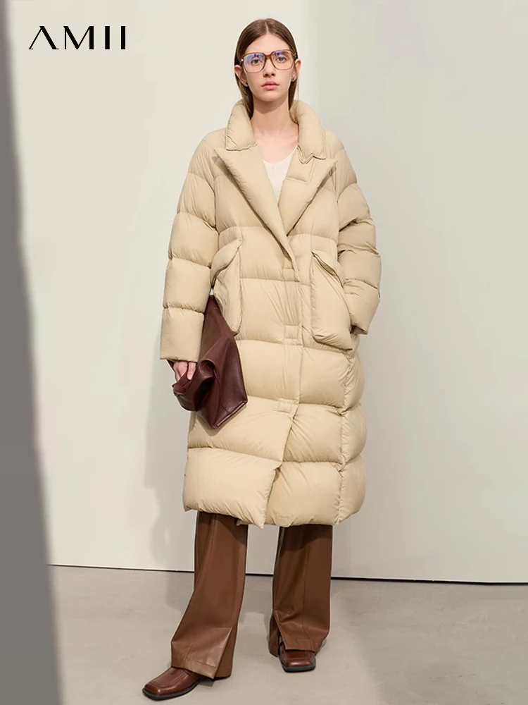 AMII المرأة الأبيض بطة أسفل معطف 2025 الشتاء طويل أسفل سترة الإناث واحدة الصدر السترة طوق جيب كبير أبلى 12344188