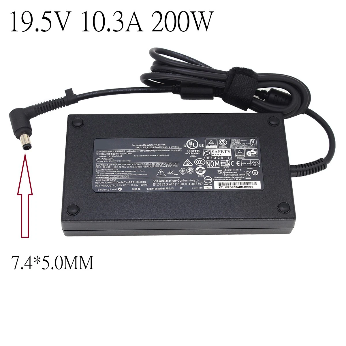 Carregador Portátil para hp 8740w 8760w 8770w Zbook 15g2 17g2 Tpn-ca03 Hstnn-ca16 24 Fonte de Alimentação para Notebook 19.5v 10.3a 200w 7.4*5.0 mm