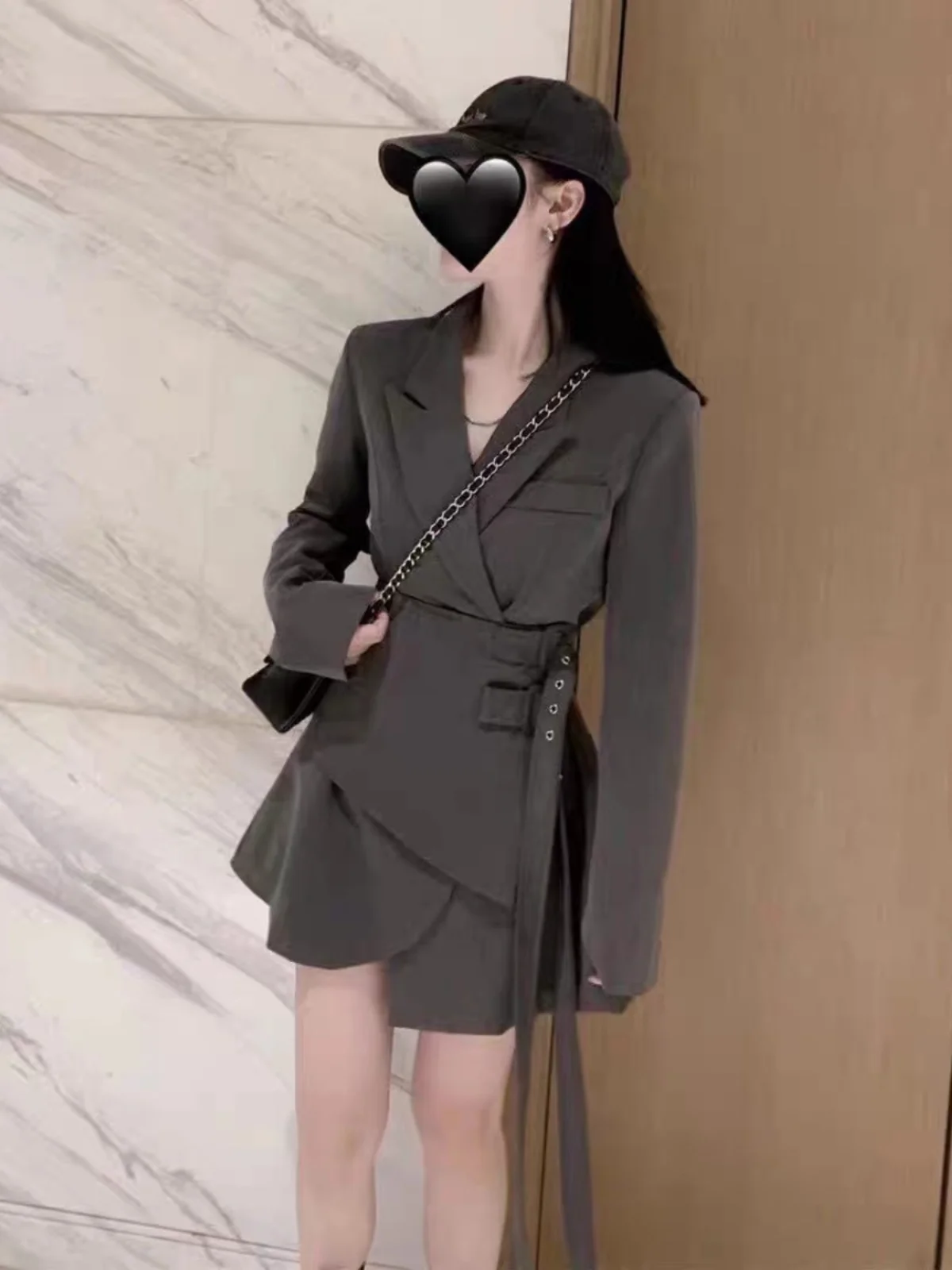 Design Sensation  Waist Belt Irregular Suit Dress Women's Long Sleeve Short Skirt Spring 2026 New Pure Desire Style