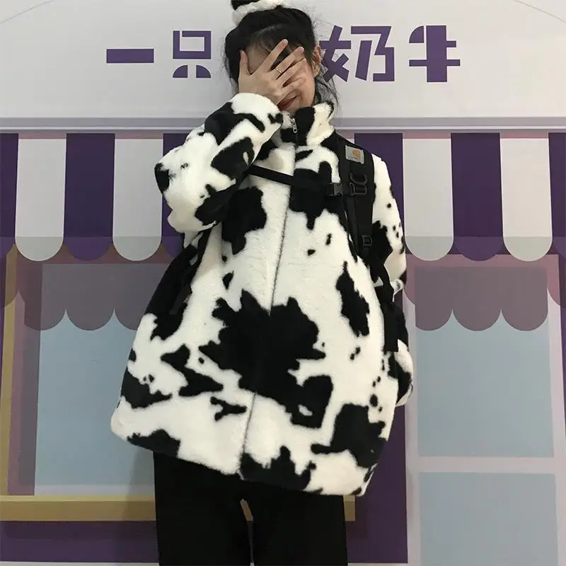 Winter Women Fleece Jackets Furry Coat Women Harajuku Milk Cow Print Faux Fur Jacket Vintage Hip Hop Warm Streetwear