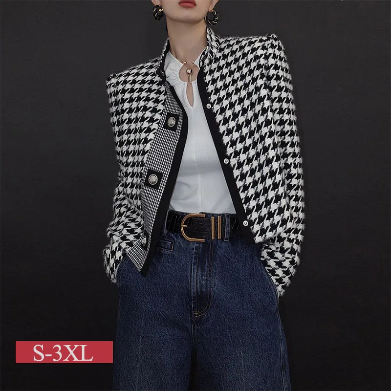 Modigirl Women's Houndstooth Outerwears & Jacket Stand Collar Long Sleeves Autumn Winter Fall Clothes 2024 Women Classics Coat