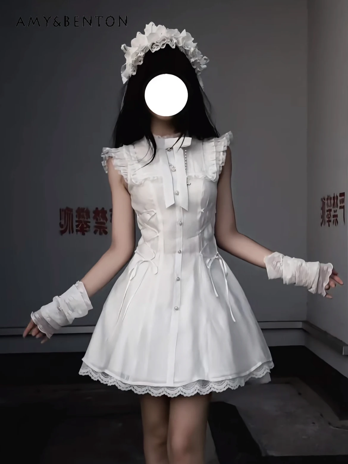 

Original Mine Series Japanese Lace Exquisite Beaded Rhinestone Button Flutter Sleeve Dress Sweet Lolita Slim Mini Dress Women