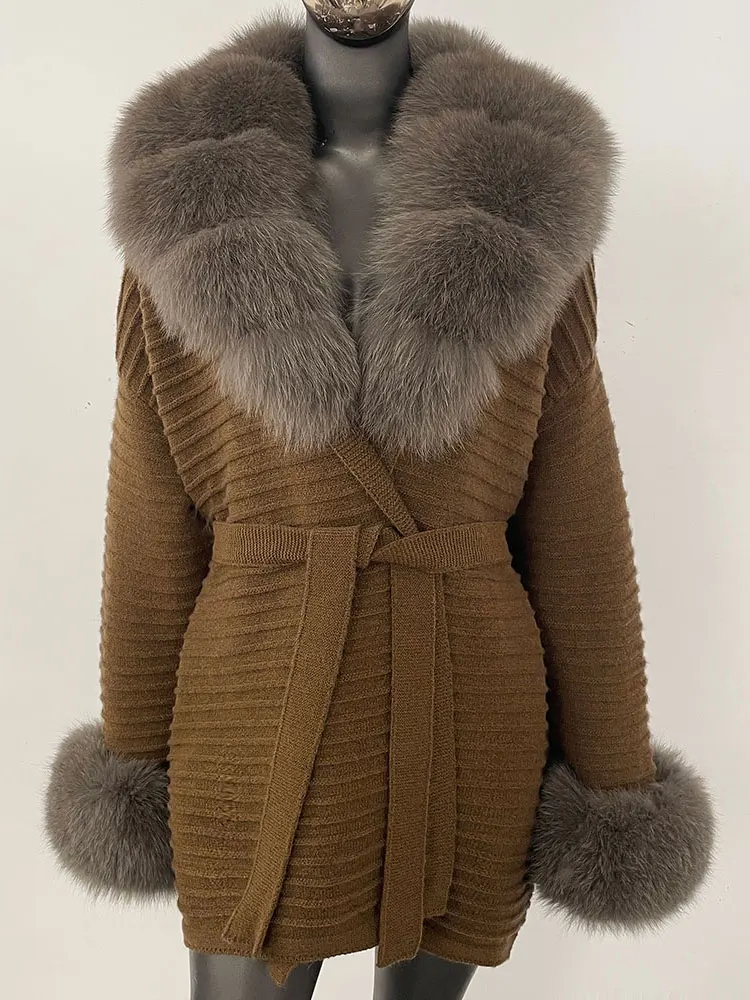 2025 nuova primavera autunno donna cintura maglieria caldo maglione di vera pelliccia di volpe cardigan lavorato a maglia oversize femminile abbigliamento femminile