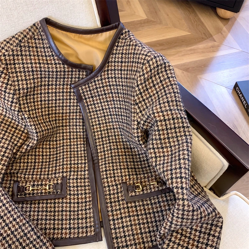 Chaqueta de Cuero PU con Bloques de Color a Cuadros de Moda Otoñal, Ropa Exterior para Mujer, Csa E con Estilo de G...