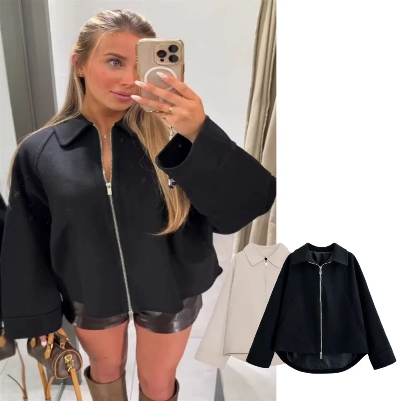 

Tidalyf 2025 г. Женское шерстяное пальто с отложным воротником и длинными рукавами на молнии спереди сзади, накидка с деталями, элегантная шикарная осенне-зимняя верхняя одежда