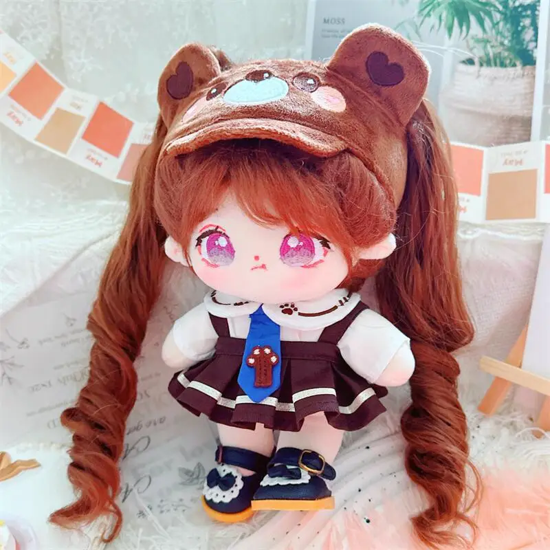 20cm Cartoon Cute Brown Bear Hat Black Strap Skirt Doll Clothes Outfit Accessories Kawaii Stuffed Soft Dolls Girls College Gifts