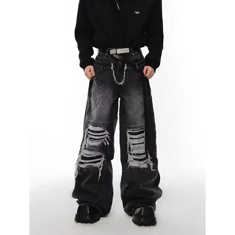 

Jeans Men Wide Leg Pants Floor Length Denim Pant Hole Loose Casual Pocket High Waist Splice Straight Trousers Autumn Winter
