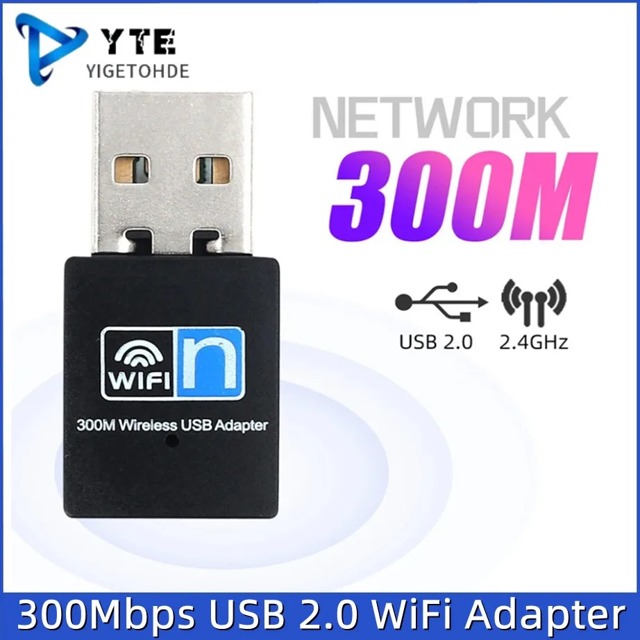 Mini adaptador WiFi USB 2,4 Ghz 300Mbps adaptador de tarjeta de red inalámbrica USB 2,0 adaptador WiFi para ordenador portátil de escritorio Windows 10/8/7