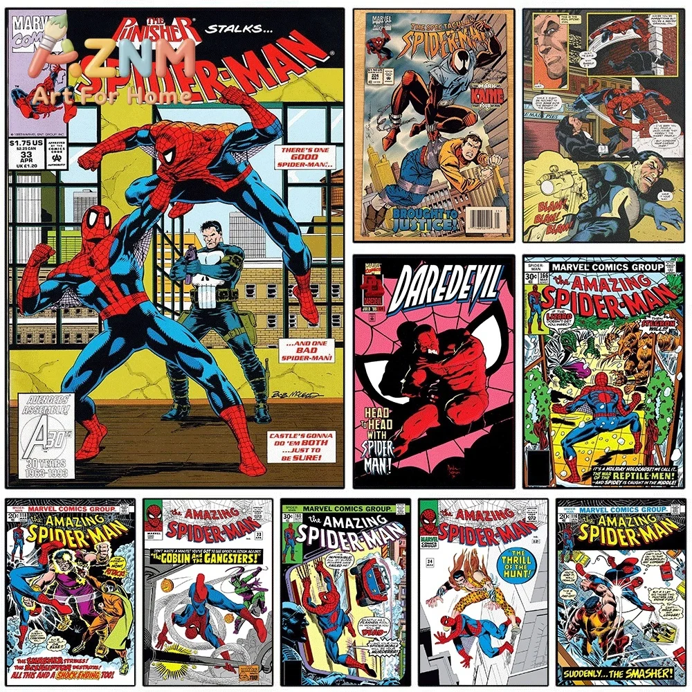 Marvel The Punisher Stalks Spider Man Two Spider Man Vintage Comic Canvas Wall Art Unframed Canvas Poster Print for Boys Bedro