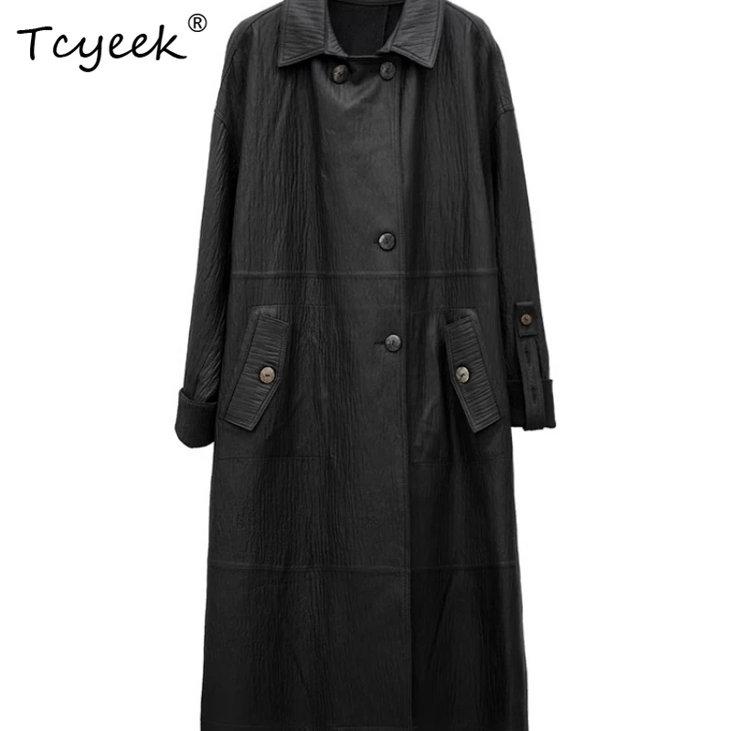 Tcyeek Schaffell Frühling Herbst High-End Trendy Quadratischer Kragen Schwarz Lange Damen Echtlederjacke Ж Ett Diego Diego Diego Diego