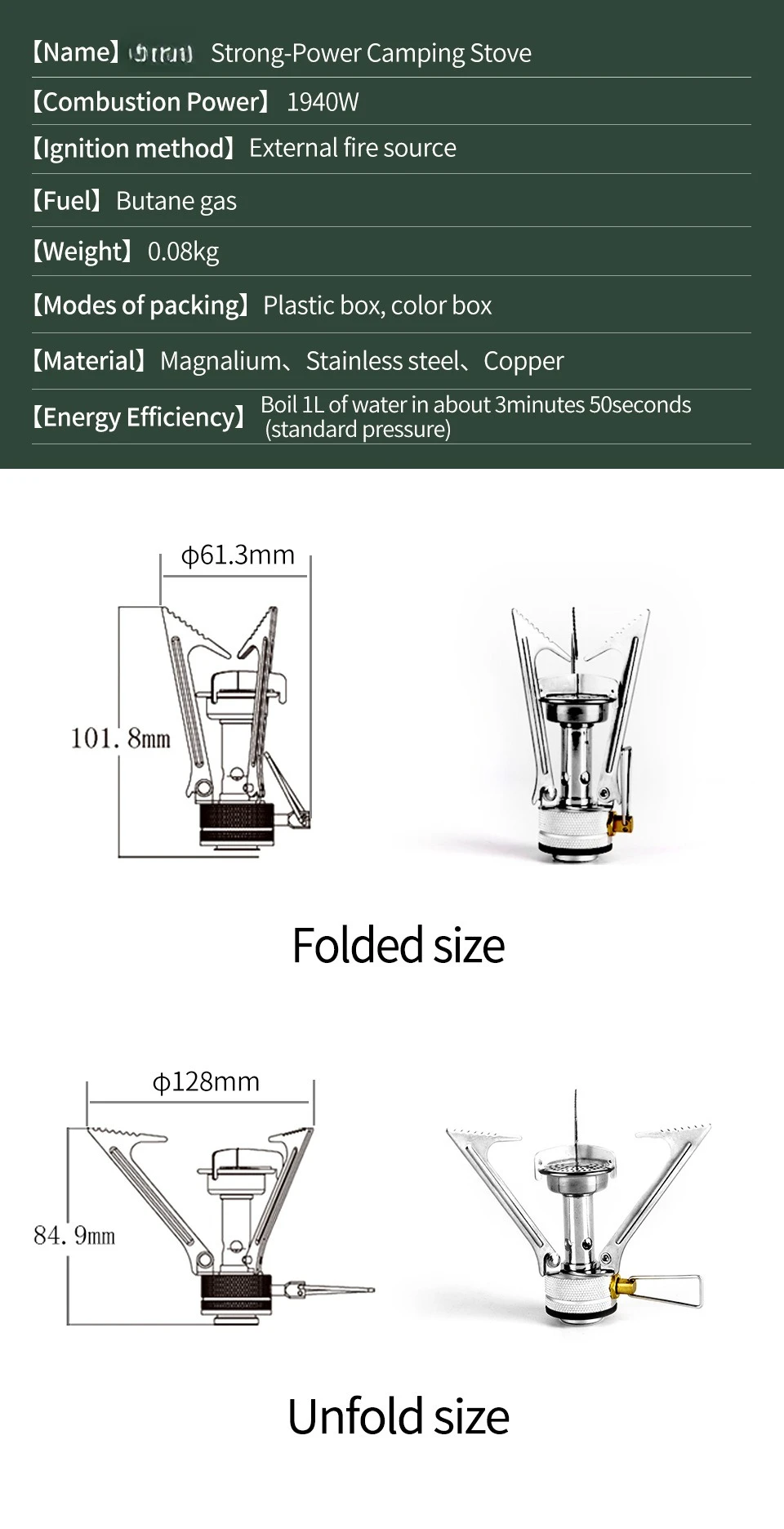 Outdoor camping stove, foldable stainless steel portable stove head, outdoor small gas stove