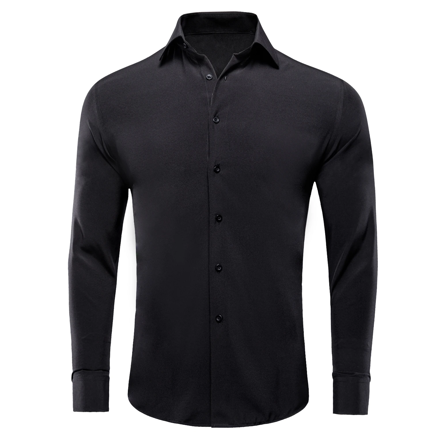 Hi-Tie Pure Black Silk Mens Shirts Plain Smooth Long Sleeve Formal Dress Blouse for Male Wedding Business Events Oversized Gift