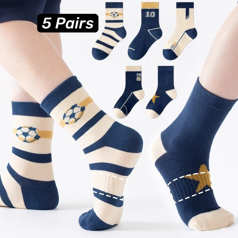 5 Paar Frühlingssocken für Kinder, Baumwollsocken, mittelhohe Socken, gestreift, mit Buchstabenmuster, sportliche Kindersocken, Jungensocken – Detail 5