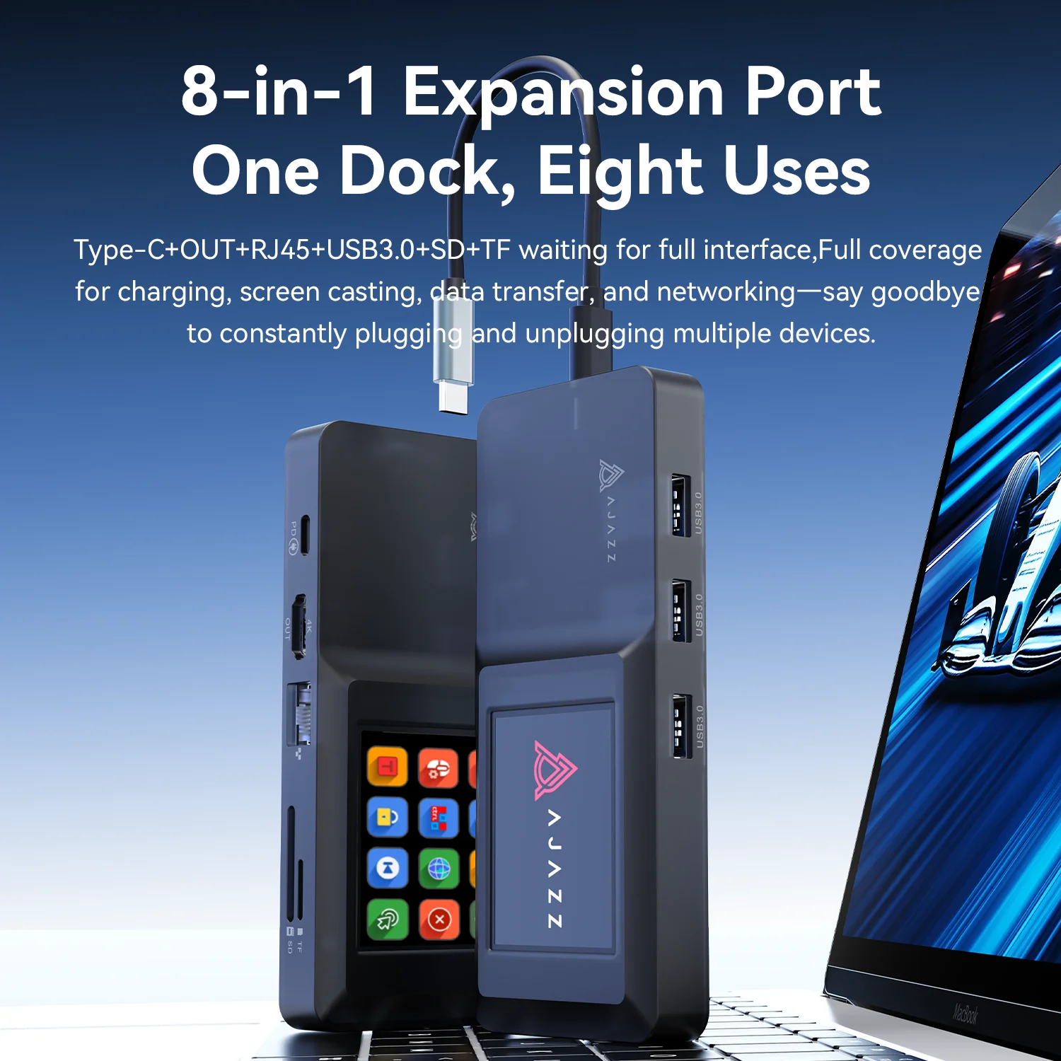 Ajazz AKP01E Type-C Docking Station 8-in-1 with Screen desktop Control Dock Station 4K High-Definition Projection TF/SD Dual Car