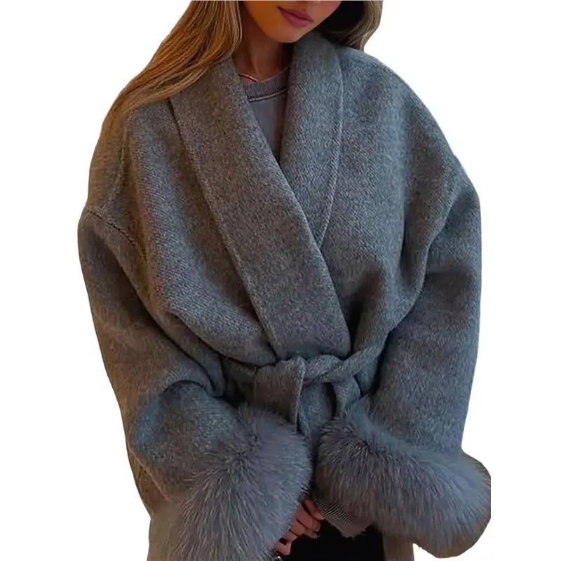 AEF6-Elegant Women's Patchwork Overcoat With Full Sleeve And V-Neck Design