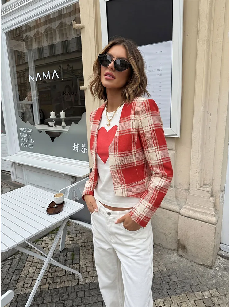 HH Red Plaid Tweed Cropped Blazer Women's Open Front Asymmetric Hem Jacket Sexy Spring Fall Street Business Casual Office Wear