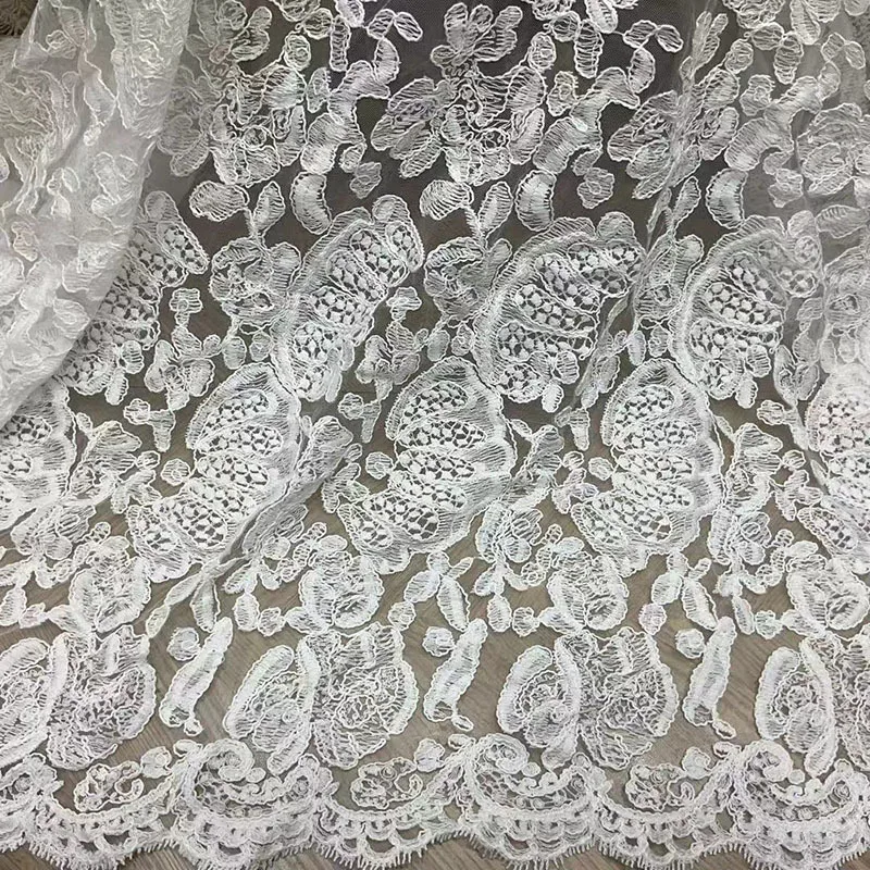 

Light luxury French style cotton thread embroidery lace fabric, white sheer floral atmosphere fabric for wedding dress designers