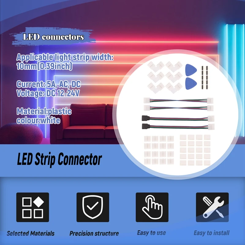 LED 스트립 커넥터, 5050 SMD 갭리스 커넥터용, L자형 커넥터, 4 핀, 10mm 솔더리스 RGB 라이트 스트립 커넥터