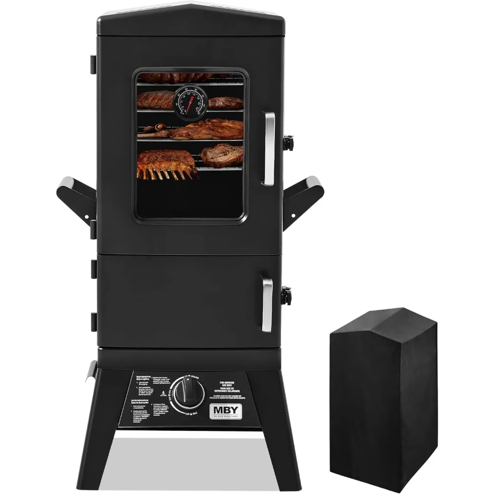 Propan-Räucher mit Abdeckung, vertikaler Gas-Räucher-Grill mit Temperaturregelung, robust, für den Außenbereich, drei abnehmbare Räucherregale