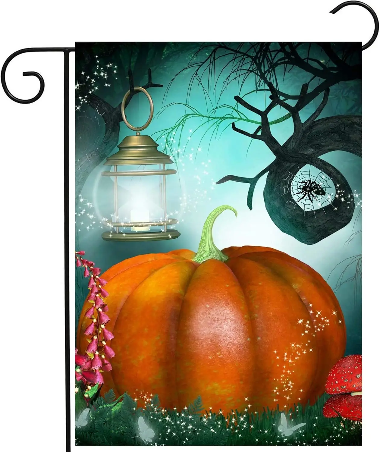 Halloween Autumn Fairy Forest Pumpkin Trees Mushroom Lantern Butterfly Spider Garden Yard Flag 12 x 18 Inch, Double Sided Outdoo