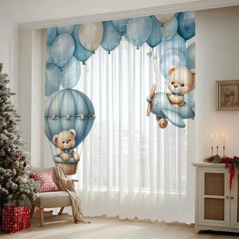 2PCS Digital Printed Sheer Curtain, Little Bear Flying Sky, Cute Whimsical Dreamy Animal for Living Room Bedroom Home Decor