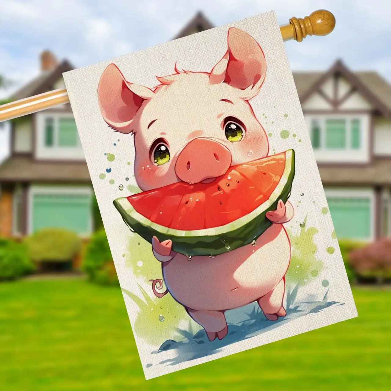 خنزير ترحيب الصيف حديقة العلم الشاطئ 28x40 مزدوجة الوجهين، الخيش البطيخ الصغيرة الفواكه حديقة ساحة المنزل أعلام خارج EEN