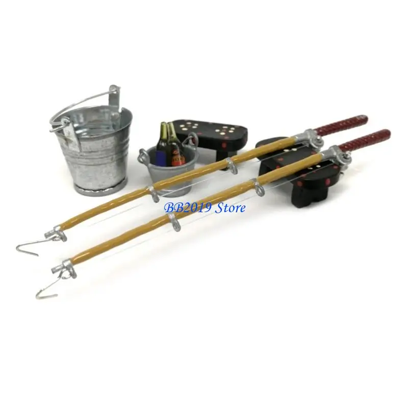 Q0KB 1/12 Dollhouse Miniature Fishing Rod Hat Bucket Stool Model for Doll Life Decora