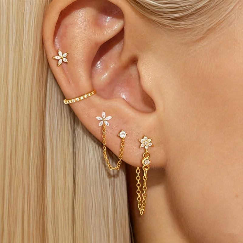 4PC Flower Chain Stud Earring For Women Fashion Tragus Huggie Hoop Earrings Set Cartilage Lobe Piercing Orelha Helix Jewelry Lot