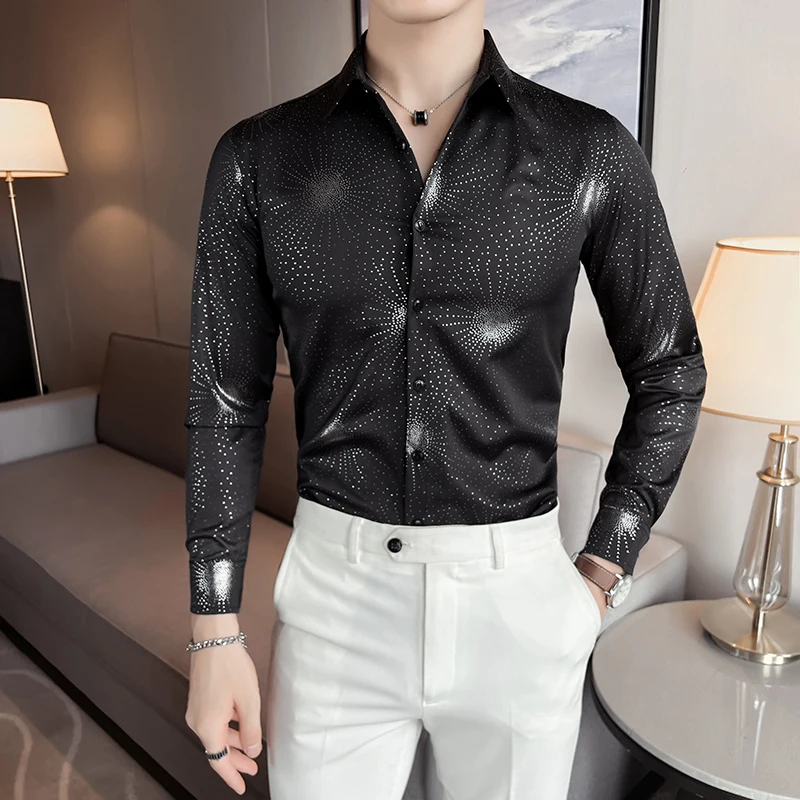 Luxurious Silver Bronzing Long Sleeved Shirts Men Spring Autumn Slim Fit Social Male Shirt Nightclub Prom Stage Shirts & Blouses