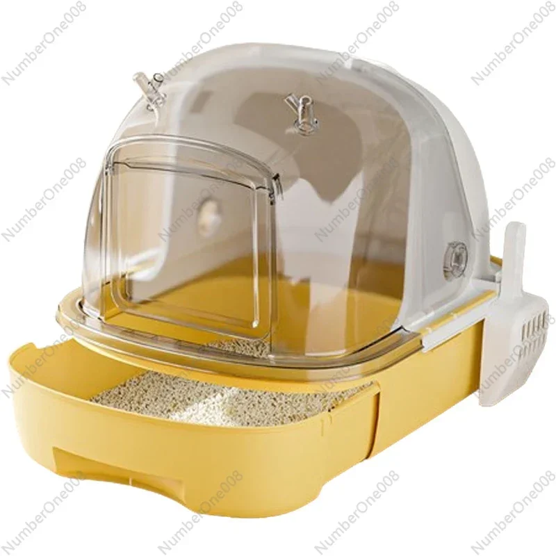 Litter Box Oversized Fully Enclosed Anti-Splash Cat Poop Basin Deodorant Drawer Transparent Lid Kittens Toilet