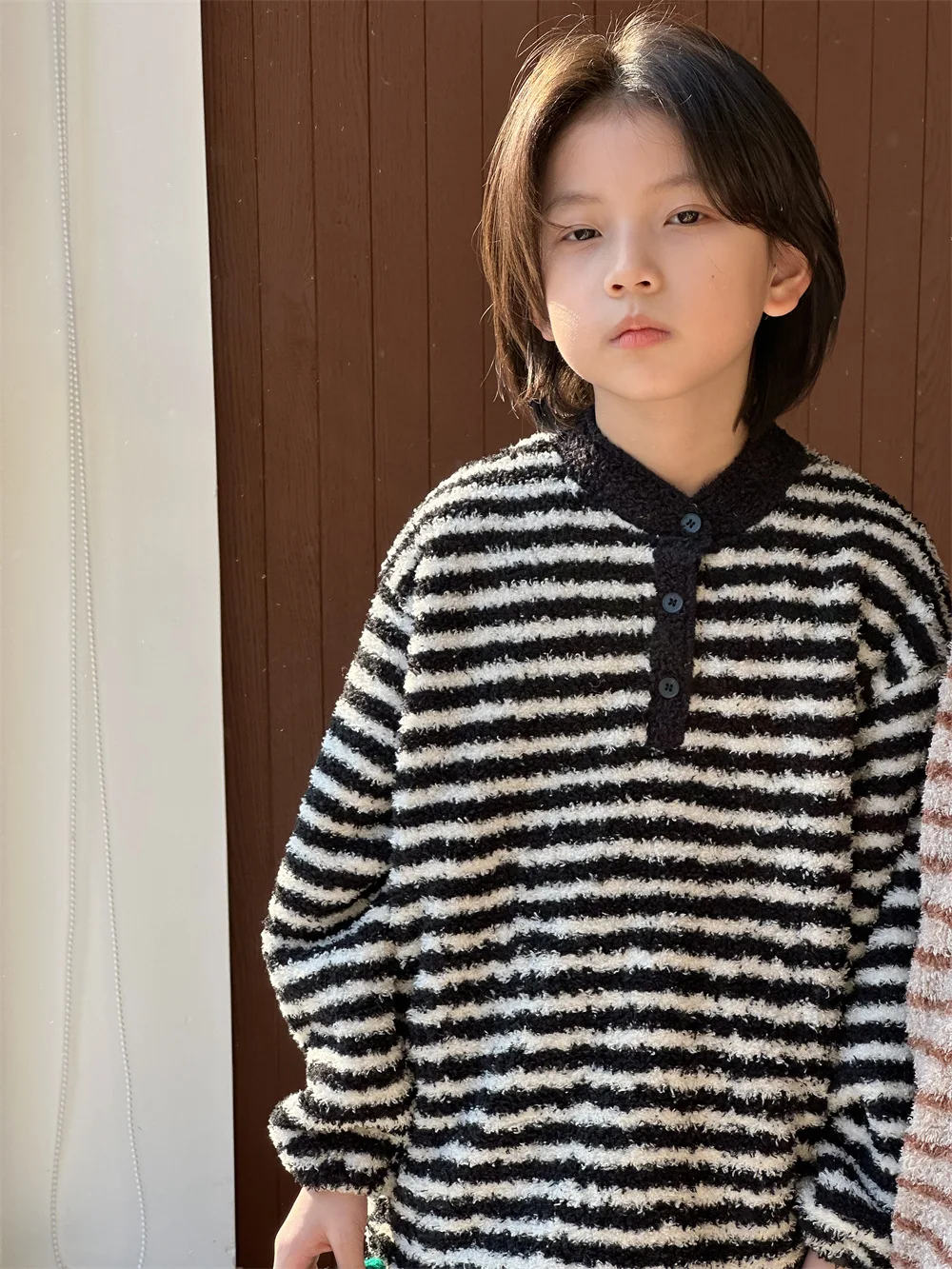 مجموعة ملابس منزلية مخملية دافئة للأولاد والبنات، الطبعة الكورية، ملابس منزلية مخططة لاصقة ومريحة للأطفال #6